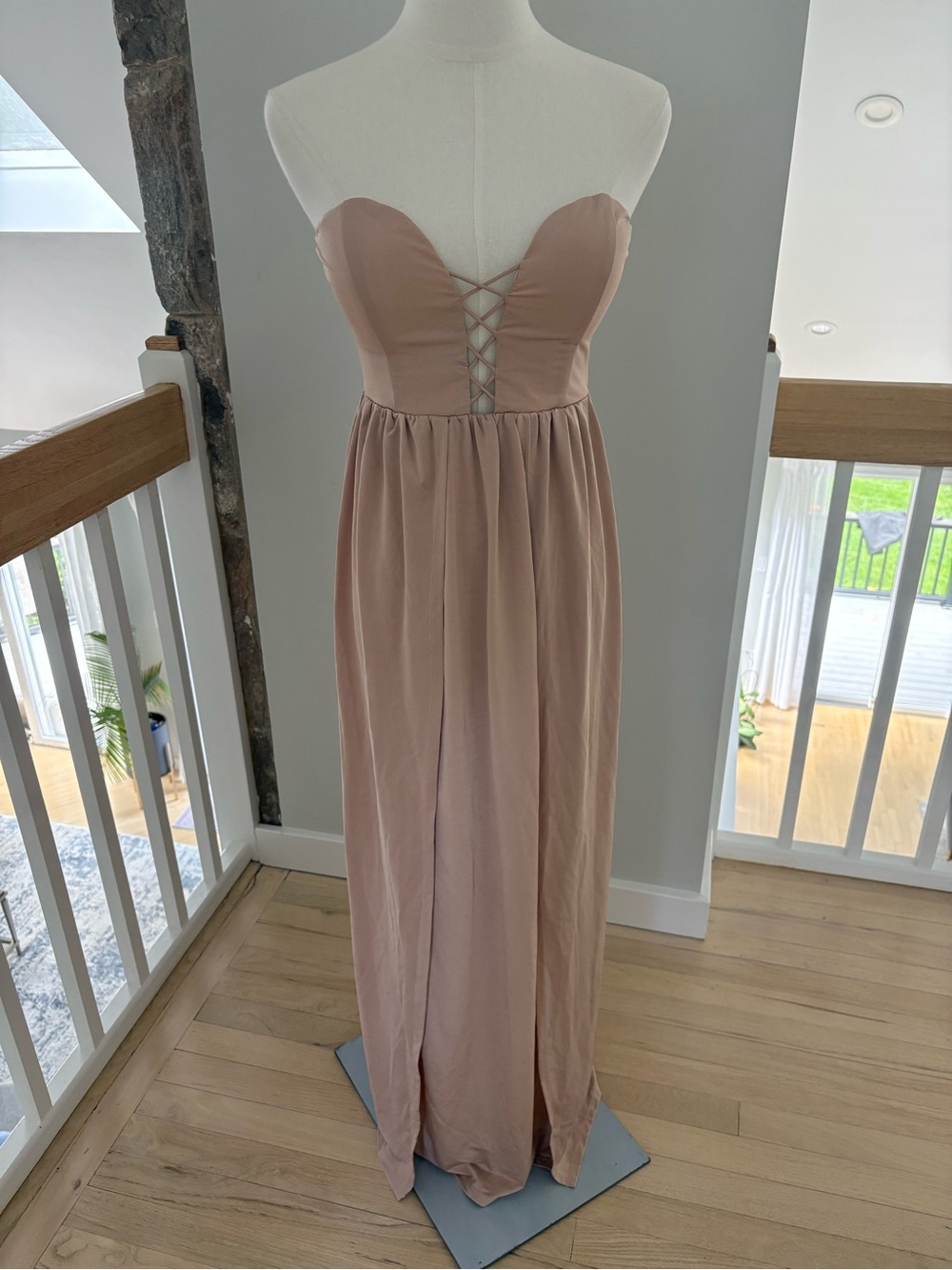 Strapless Lace-Up Maxi Dress in Dusty Blush